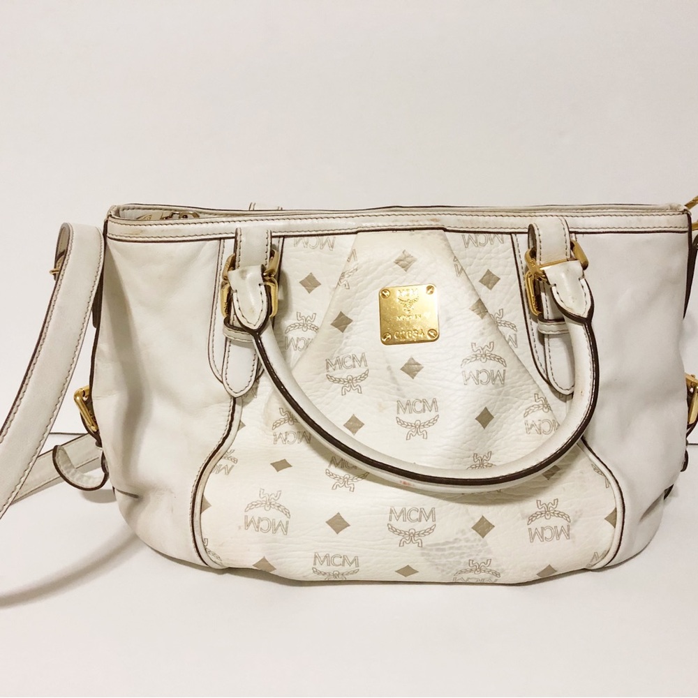 Authentic MCM Beige/White Leather Handbag Shoulder Bag With Adjustable Strap